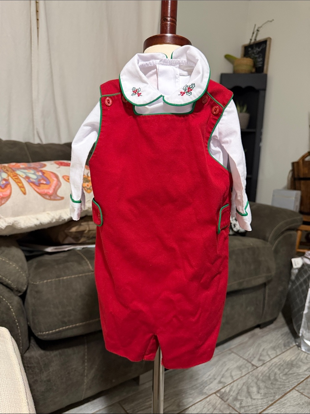 Little English Red Corduroy Overalls with White Embroidered Shirt